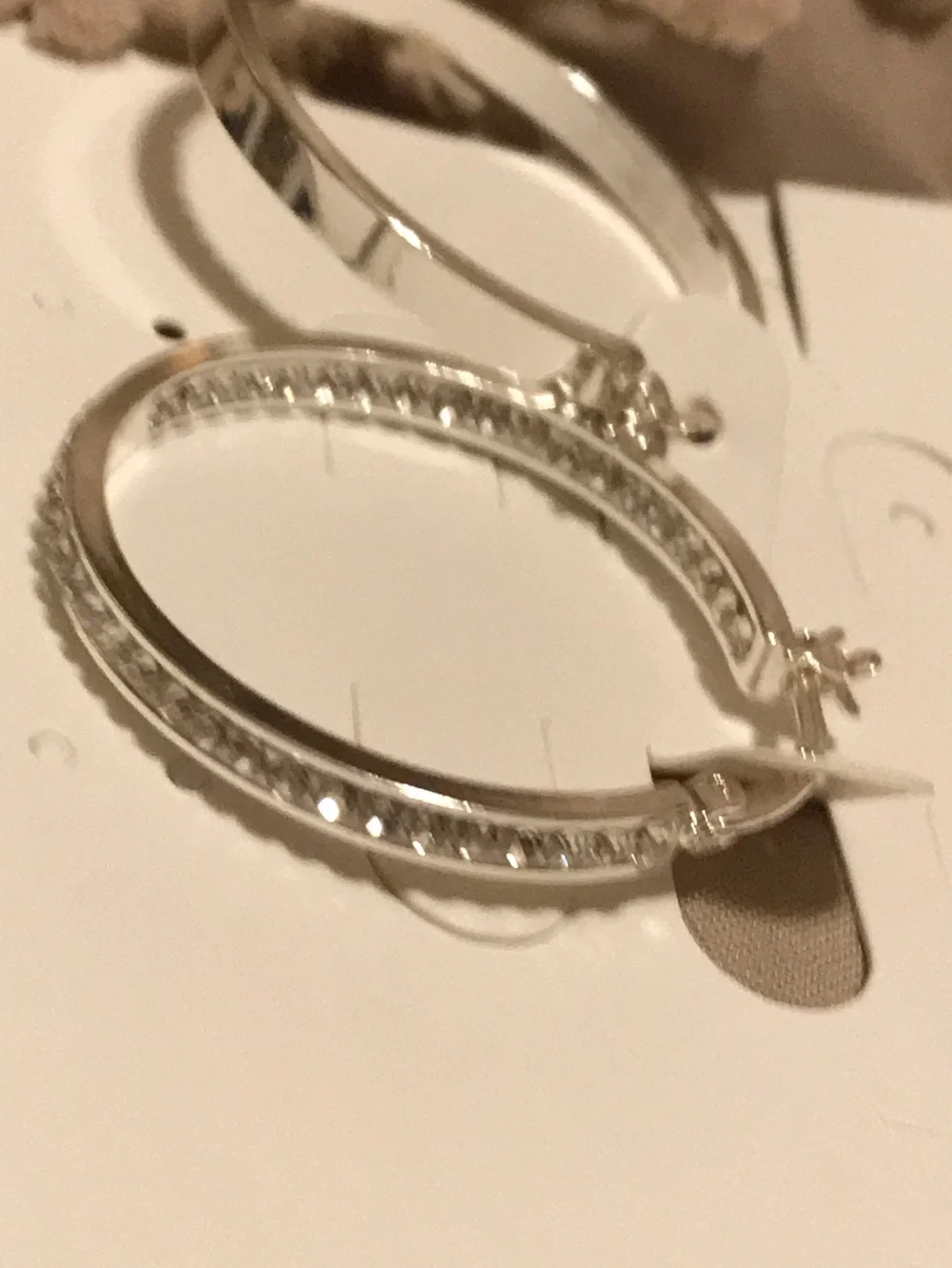 Silver Tone Textured Hoop Earrings - with inside / outside Rhinestones